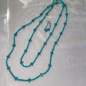 Tourquise necklaces and earrings. Cross set of earrings extra long necklace